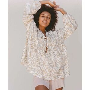 Lullaby Club Women's Penny Smock Blouse S/M Tie Front Print Linen Cotton Relaxed